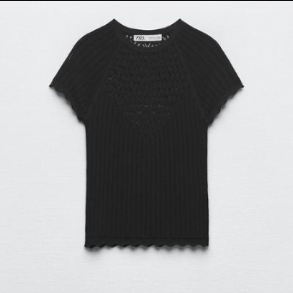 Zara Pointelle Knit Top - Size MED - Black